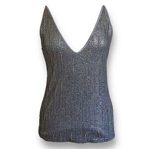Ambre Babzoe Womens Gray Adeline Tank Sz 38 M Sequined Beaded Fitted Vneck Top